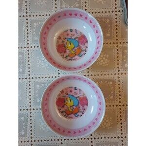 Vintage Warner Bros Looney Tunes Tweety Bird Paris Plastic 10" Bowls Set Of 2